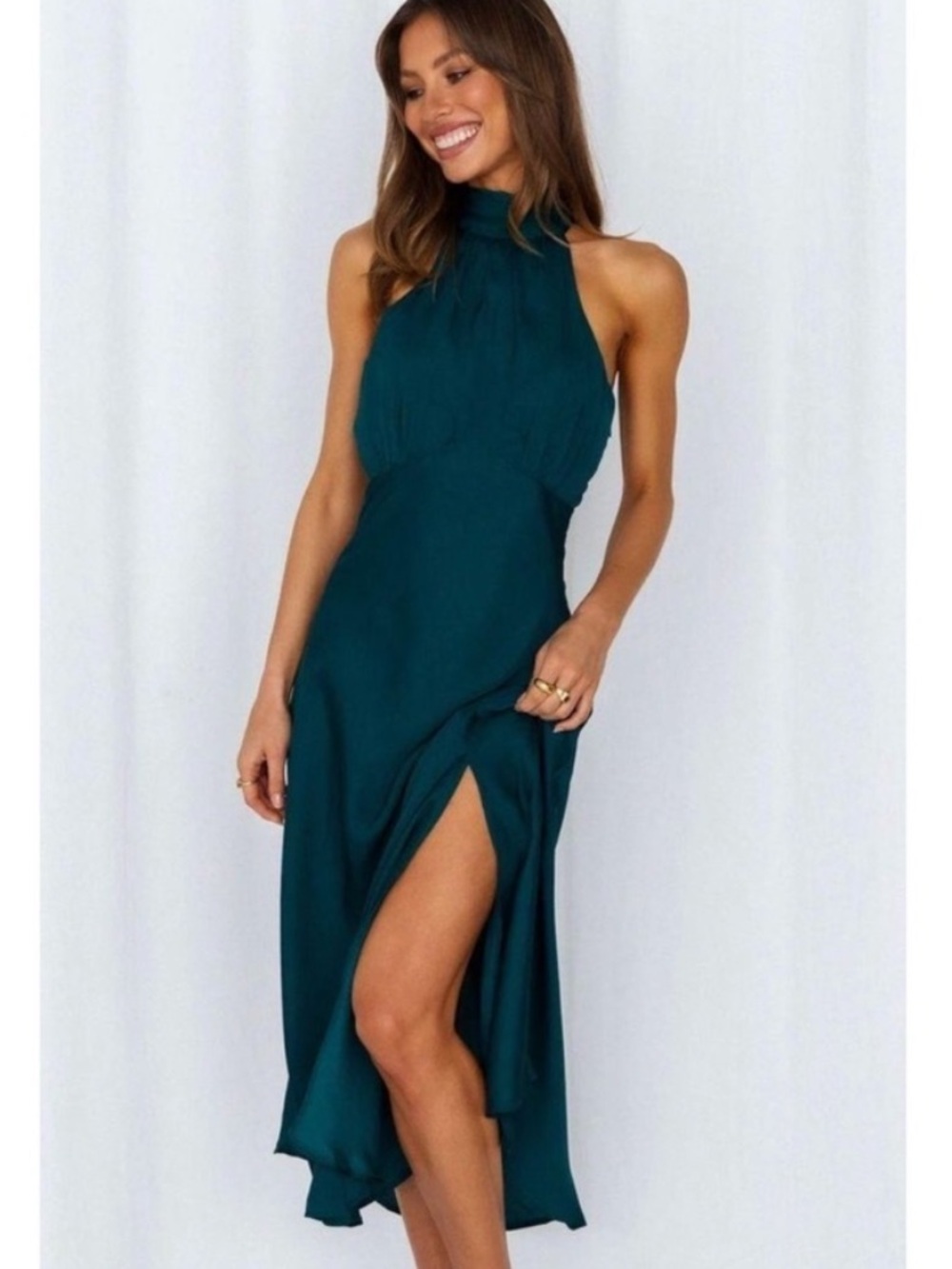 HELLO MOLLY satin Sleeveless Teal Halter Evening Dress Sz 8 NWT
